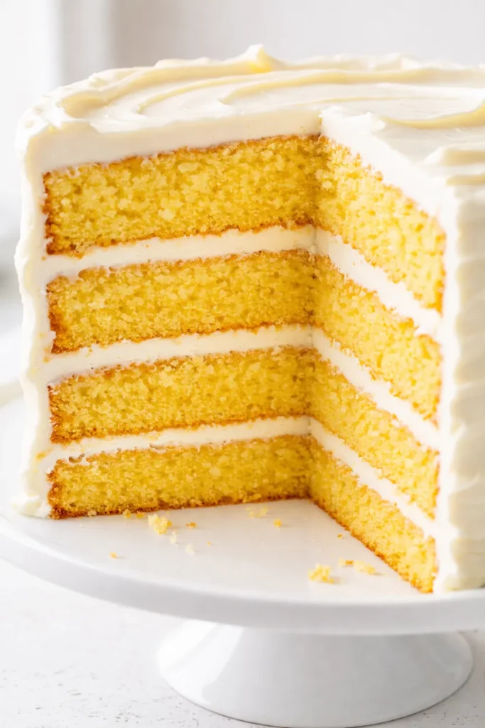 Tall golden lemon-blueberry cake layers with creamy white frosting and fresh blueberries on top, a vibrant birthday dessert.