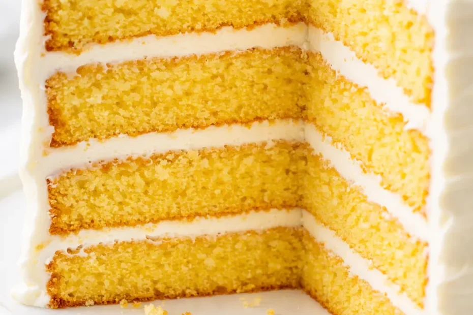 Tall golden lemon-blueberry cake layers with creamy white frosting and fresh blueberries on top, a vibrant birthday dessert.
