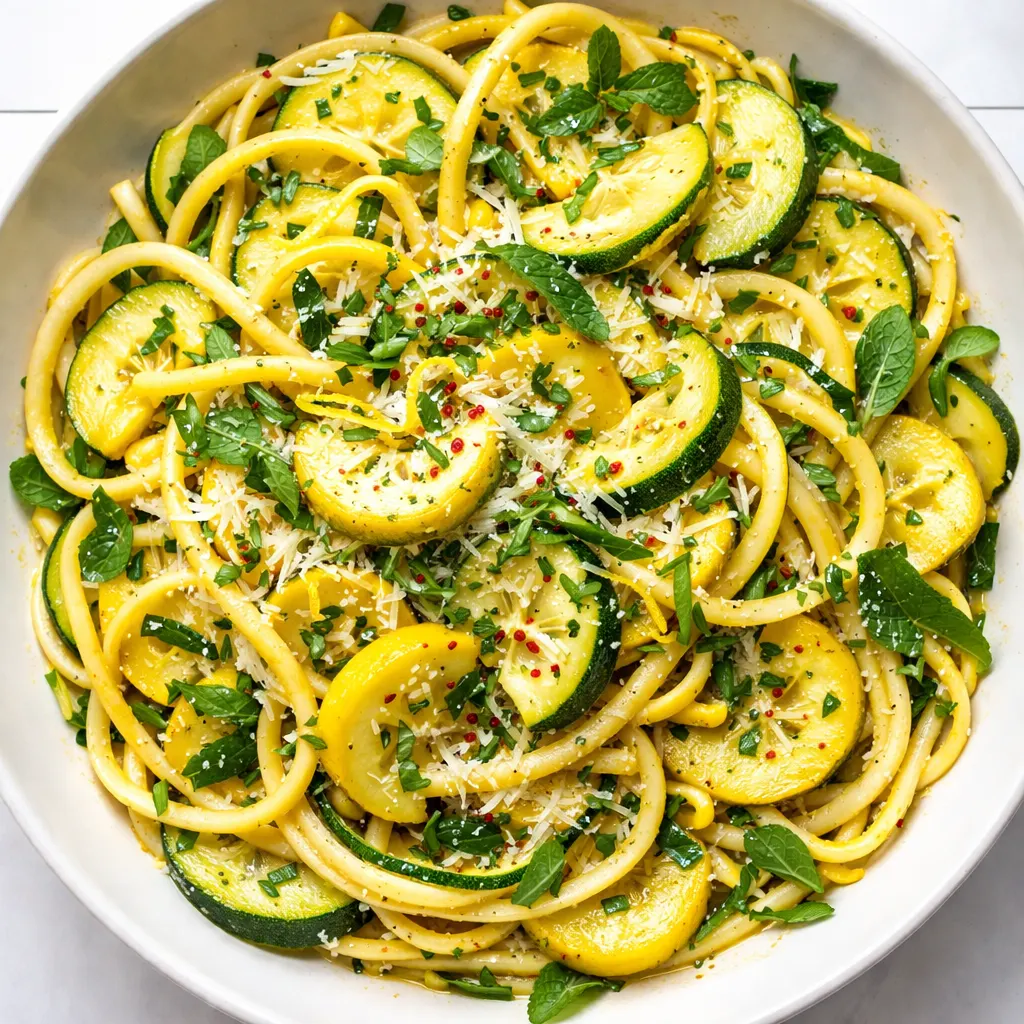 Light summer squash pasta with al dente spaghetti, sautéed zucchini and yellow squash, and cherry tomatoes topped with fresh basil.