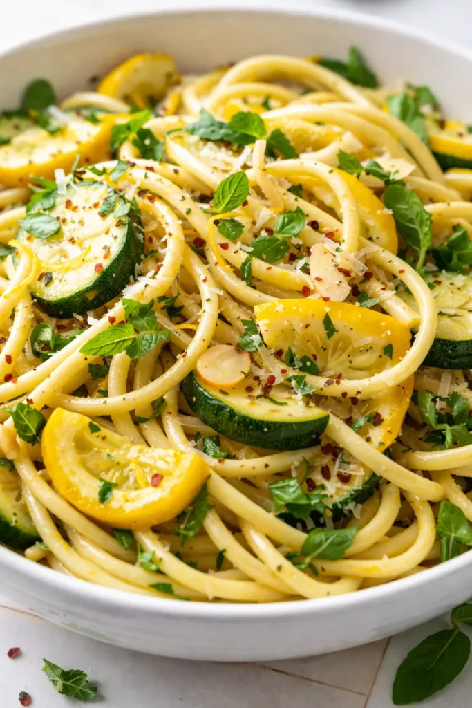 Light summer squash pasta with creamy sauce and tender ribbons of zucchini and yellow squash, topped with fresh basil and Parmesan.