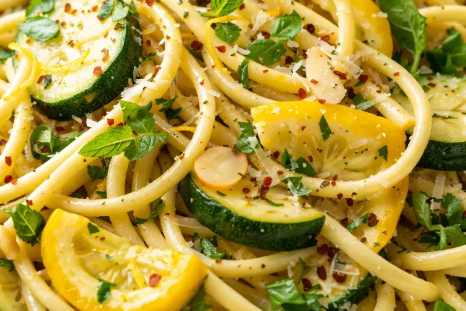 Light summer squash pasta with creamy sauce and tender ribbons of zucchini and yellow squash, topped with fresh basil and Parmesan.
