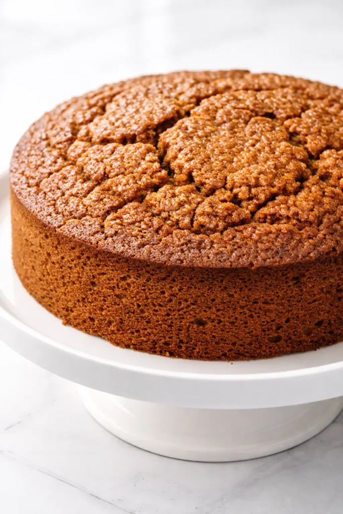 A tall slice of Lotus Biscoff cake with creamy frosting and crumbled Biscoff cookies on top, revealing moist spiced layers.