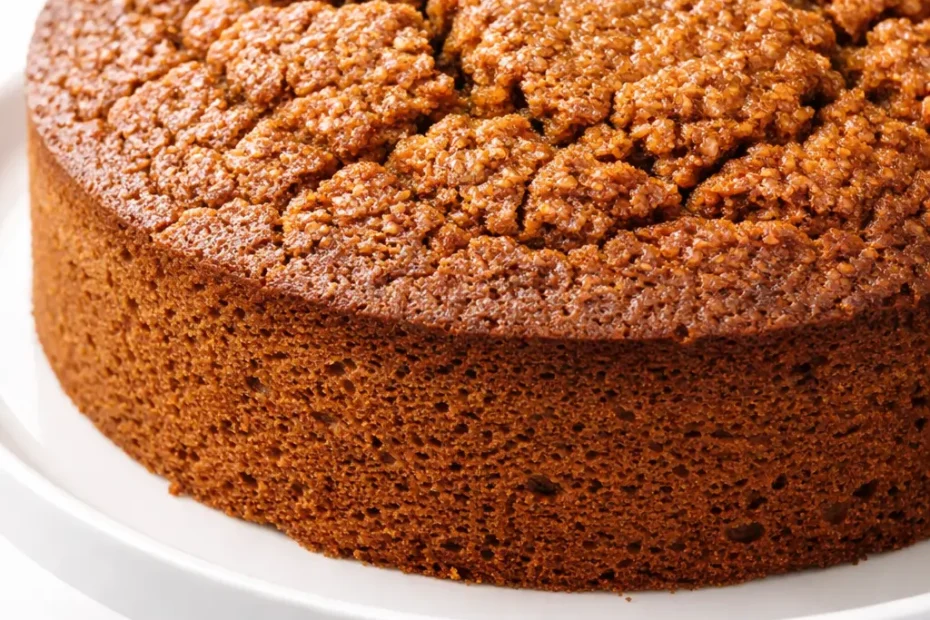 A tall slice of Lotus Biscoff cake with creamy frosting and crumbled Biscoff cookies on top, revealing moist spiced layers.