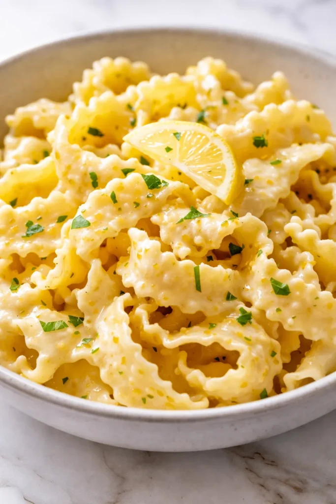Mafaldine pasta limone with broccoli, creamy lemon sauce coating the ribbon-like pasta, bright green broccoli florets, and a sprinkle of Parmesan.