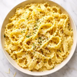 Golden mafaldine pasta ribbons coated in creamy lemon sauce with bright green broccoli florets and grated Parmesan.