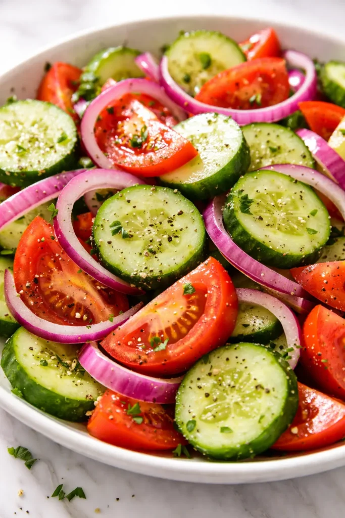 Fresh marinated cucumber onion tomato salad with red onions, cherry tomatoes, and cucumber slices in a tangy vinaigrette, showcasing crisp texture and vibrant colors.
