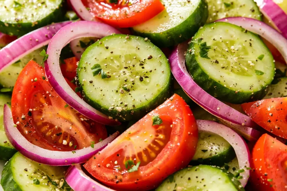 Fresh marinated cucumber onion tomato salad with red onions, cherry tomatoes, and cucumber slices in a tangy vinaigrette, showcasing crisp texture and vibrant colors.