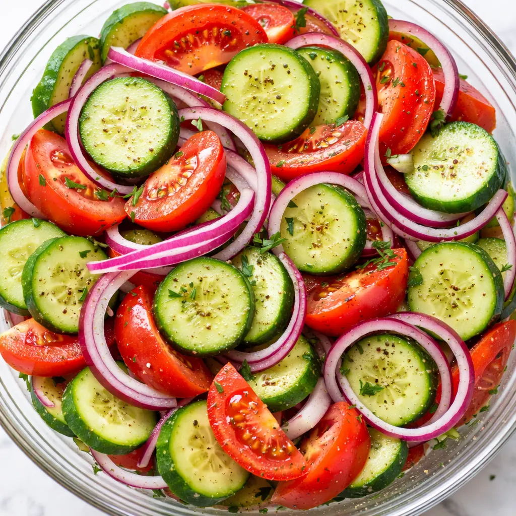 Vibrant marinated cucumber onion tomato salad with crunchy vegetables and translucent vinaigrette, staying crisp and not soggy.