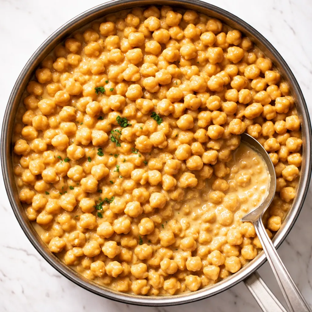 Creamy chickpeas in a sun-dried tomato sauce, garnished with fresh basil and Parmesan, ready in 30 minutes.