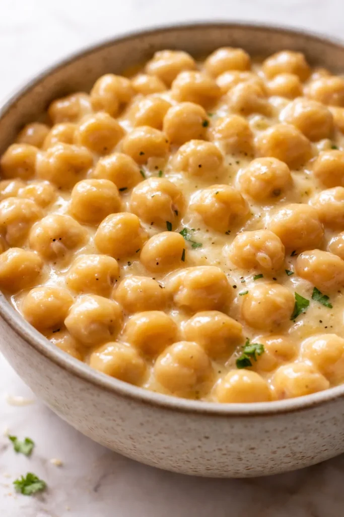 Creamy marry me chickpeas in a rich, golden sauce, garnished with fresh parsley and red pepper flakes, served in a white bowl.