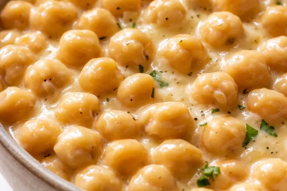 Creamy marry me chickpeas in a rich, golden sauce, garnished with fresh parsley and red pepper flakes, served in a white bowl.