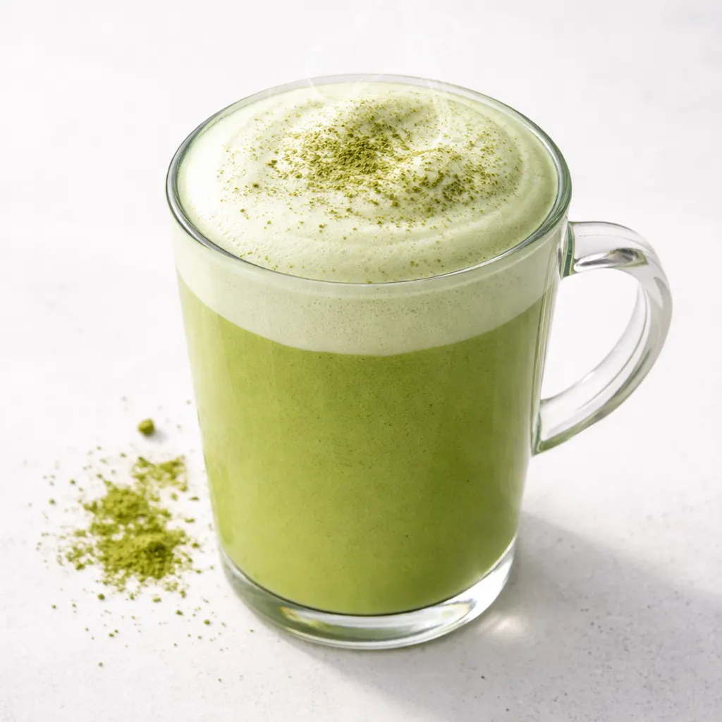 Whisking vibrant green matcha into frothy milk for a creamy café-style matcha green tea latte.