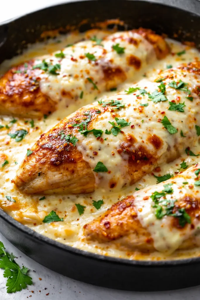 Mexican chicken with creamy cheese sauce, golden chicken pieces topped with smooth white cheese sauce and green herbs on a white plate.
