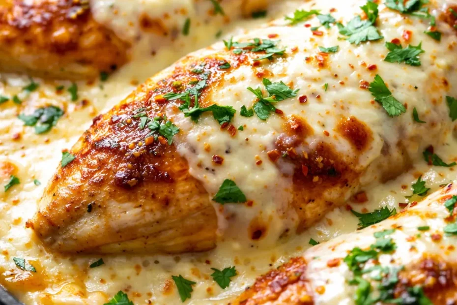 Mexican chicken with creamy cheese sauce, golden chicken pieces topped with smooth white cheese sauce and green herbs on a white plate.