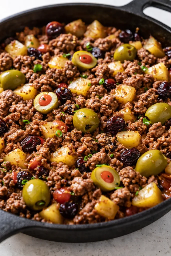 A steaming bowl of Mexican picadillo with seasoned ground beef, potatoes, and carrots in a rich, savory tomato sauce, topped with fresh cilantro.