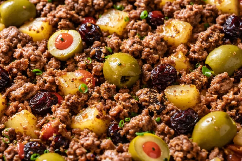 A steaming bowl of Mexican picadillo with seasoned ground beef, potatoes, and carrots in a rich, savory tomato sauce, topped with fresh cilantro.