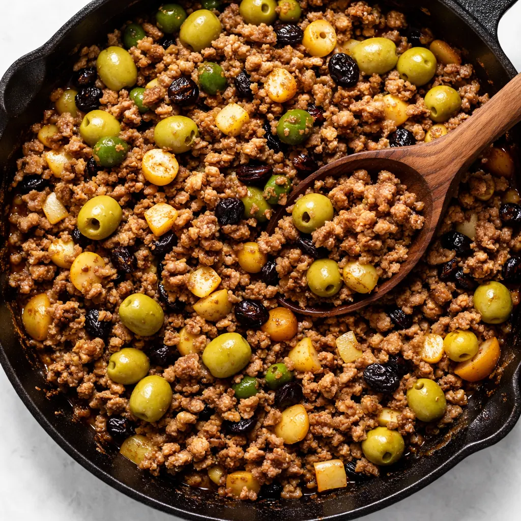 Savory Mexican picadillo simmering in a one-pot with ground beef, golden potatoes, and colorful bell peppers in a rich tomato sauce.