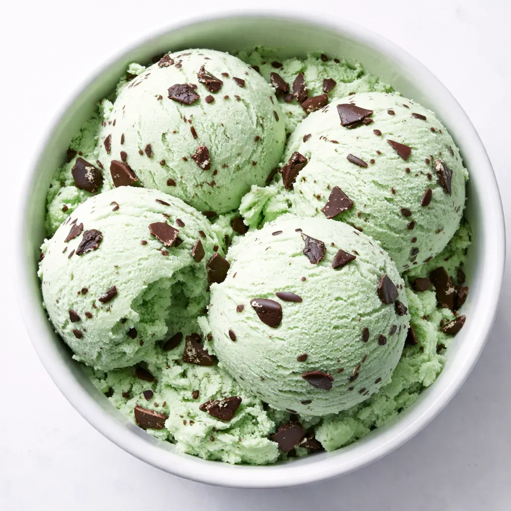 Creamy no-churn mint chocolate chip ice cream with green color and chocolate chips, scooping a perfect spoonful.