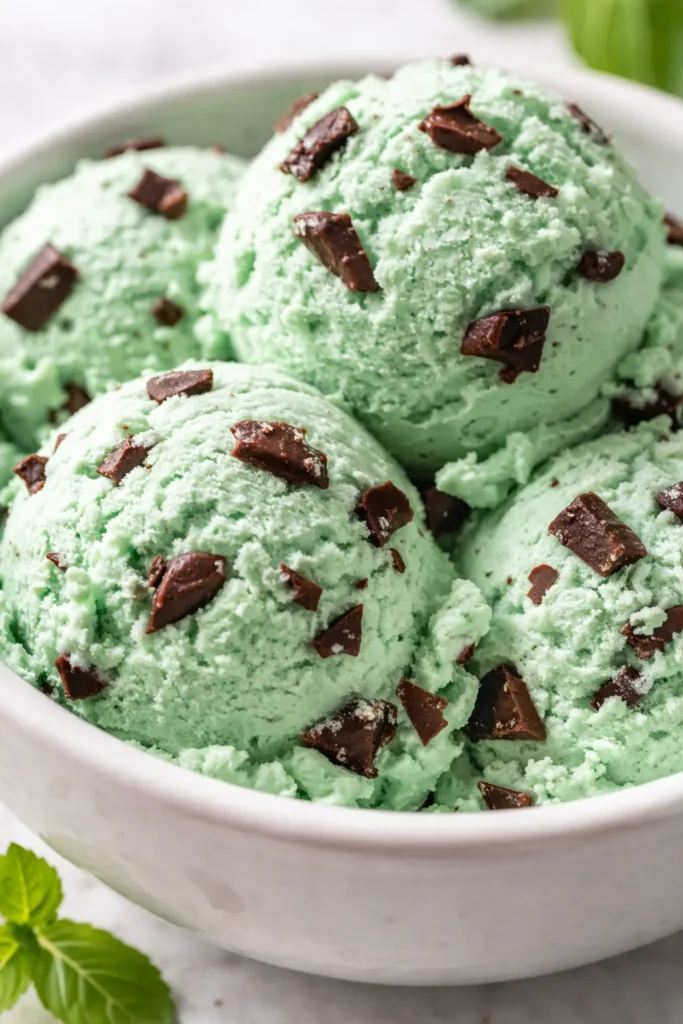 Smooth, scoopable mint green no-churn mint chocolate chip ice cream with dark chocolate chips, in a chilled bowl.