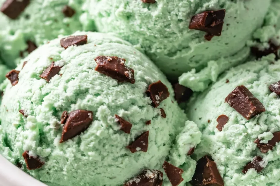 Smooth, scoopable mint green no-churn mint chocolate chip ice cream with dark chocolate chips, in a chilled bowl.