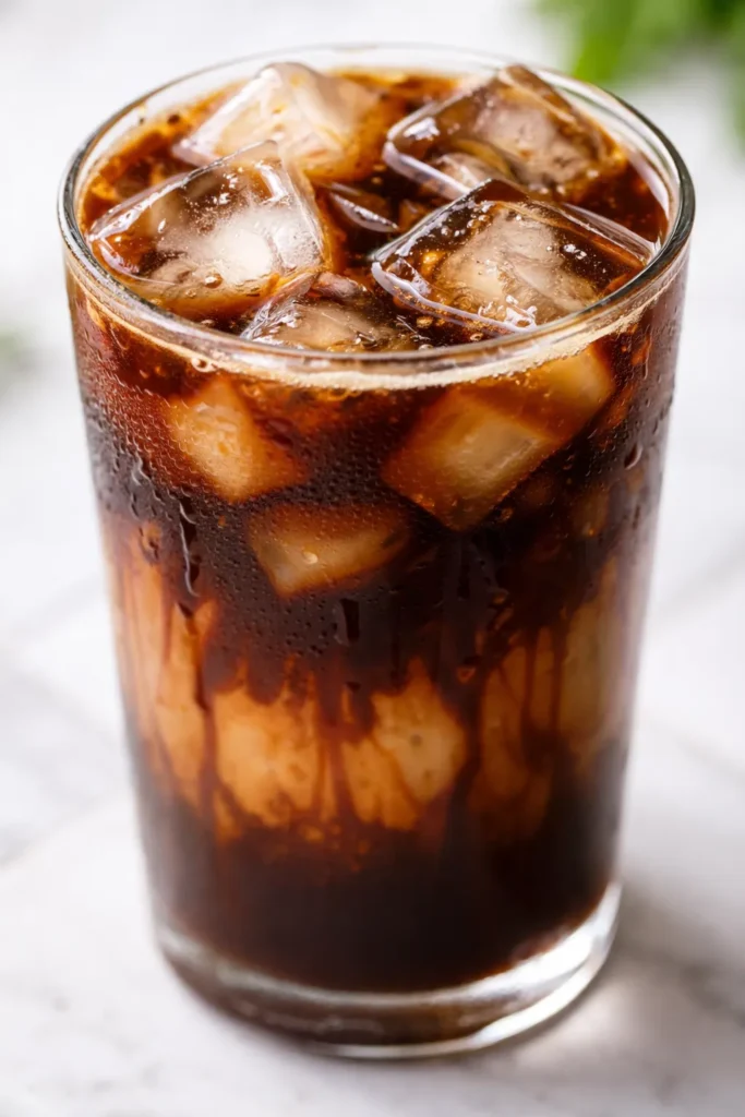 Rich mocha iced coffee in a tall glass with dark chocolate drizzle, creamy milk, ice cubes, and whipped cream topping.