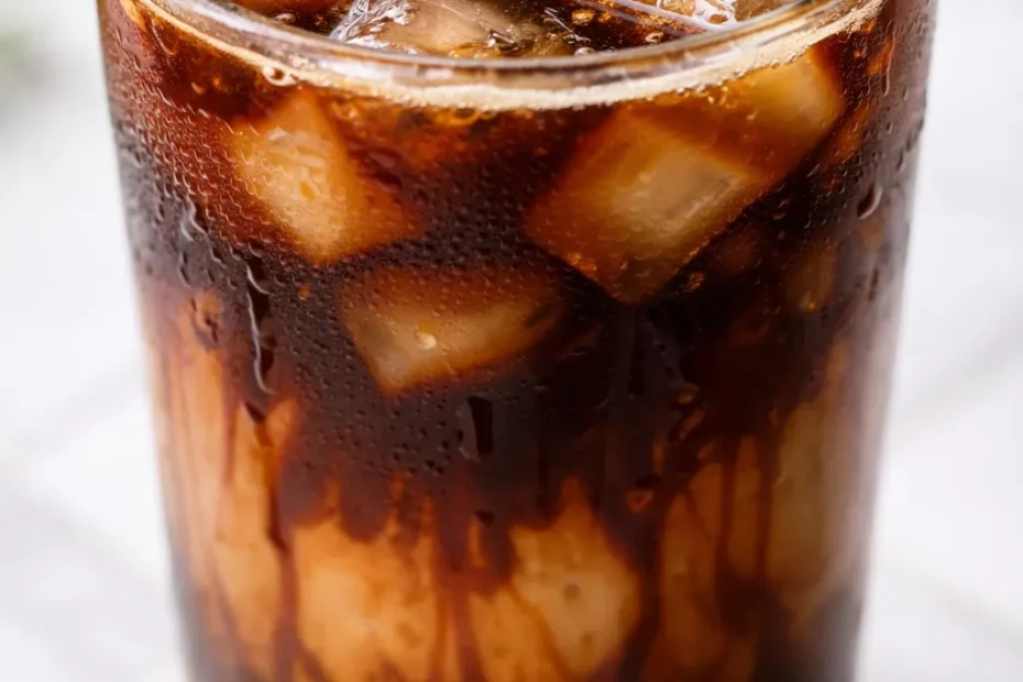 Rich mocha iced coffee in a tall glass with dark chocolate drizzle, creamy milk, ice cubes, and whipped cream topping.