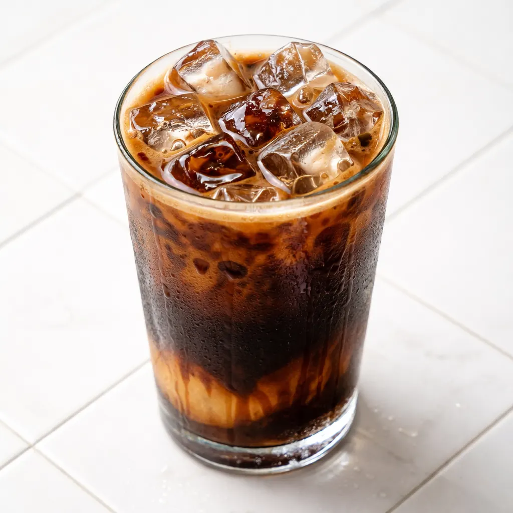 Pouring rich espresso over chocolate syrup and ice in a glass, creating a layered mocha iced coffee with creamy caramel tones.