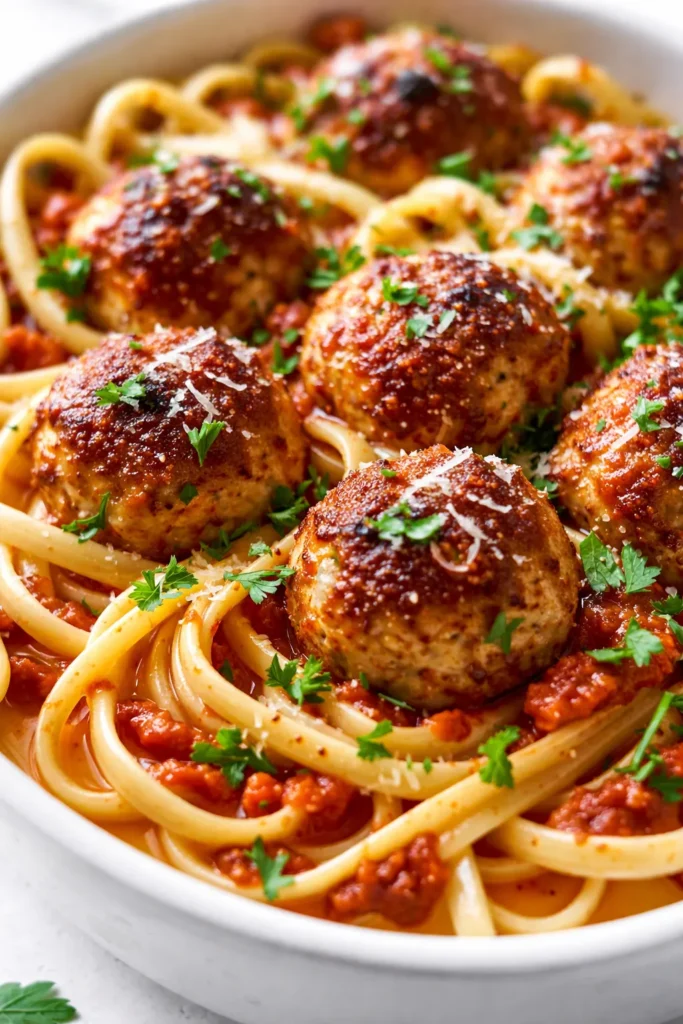 Golden-brown ricotta meatballs in rich tomato sauce, garnished with fresh parsley and Parmesan, revealing their tender, juicy texture.
