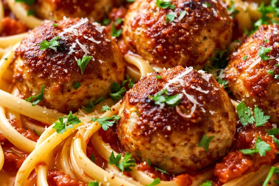 Golden-brown ricotta meatballs in rich tomato sauce, garnished with fresh parsley and Parmesan, revealing their tender, juicy texture.