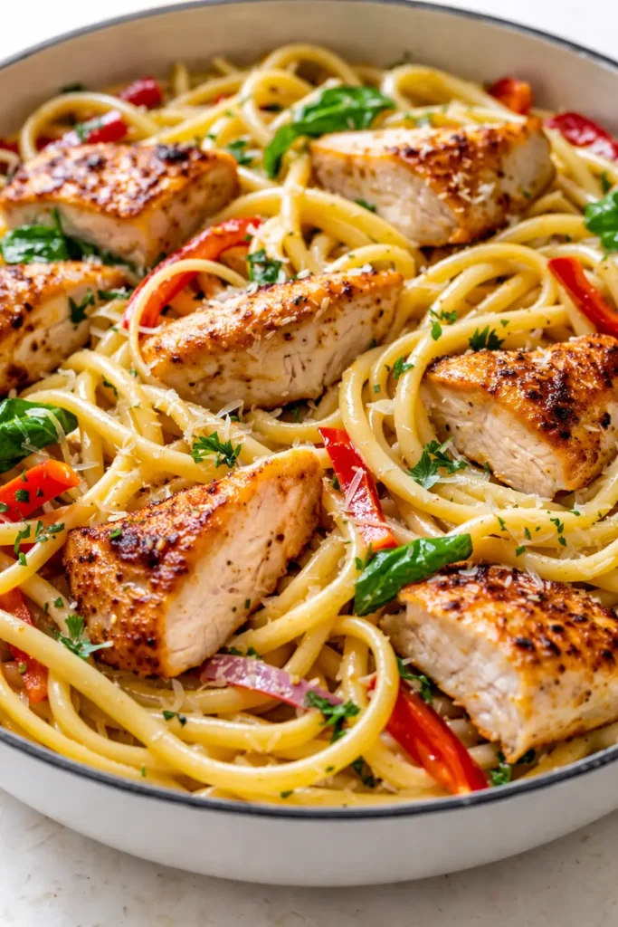Golden-brown chicken scampi served over angel hair pasta with lemon butter sauce, garnished with fresh parsley and red pepper flakes.