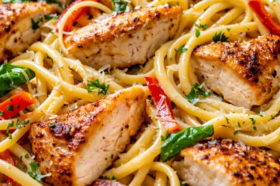 Golden-brown chicken scampi served over angel hair pasta with lemon butter sauce, garnished with fresh parsley and red pepper flakes.