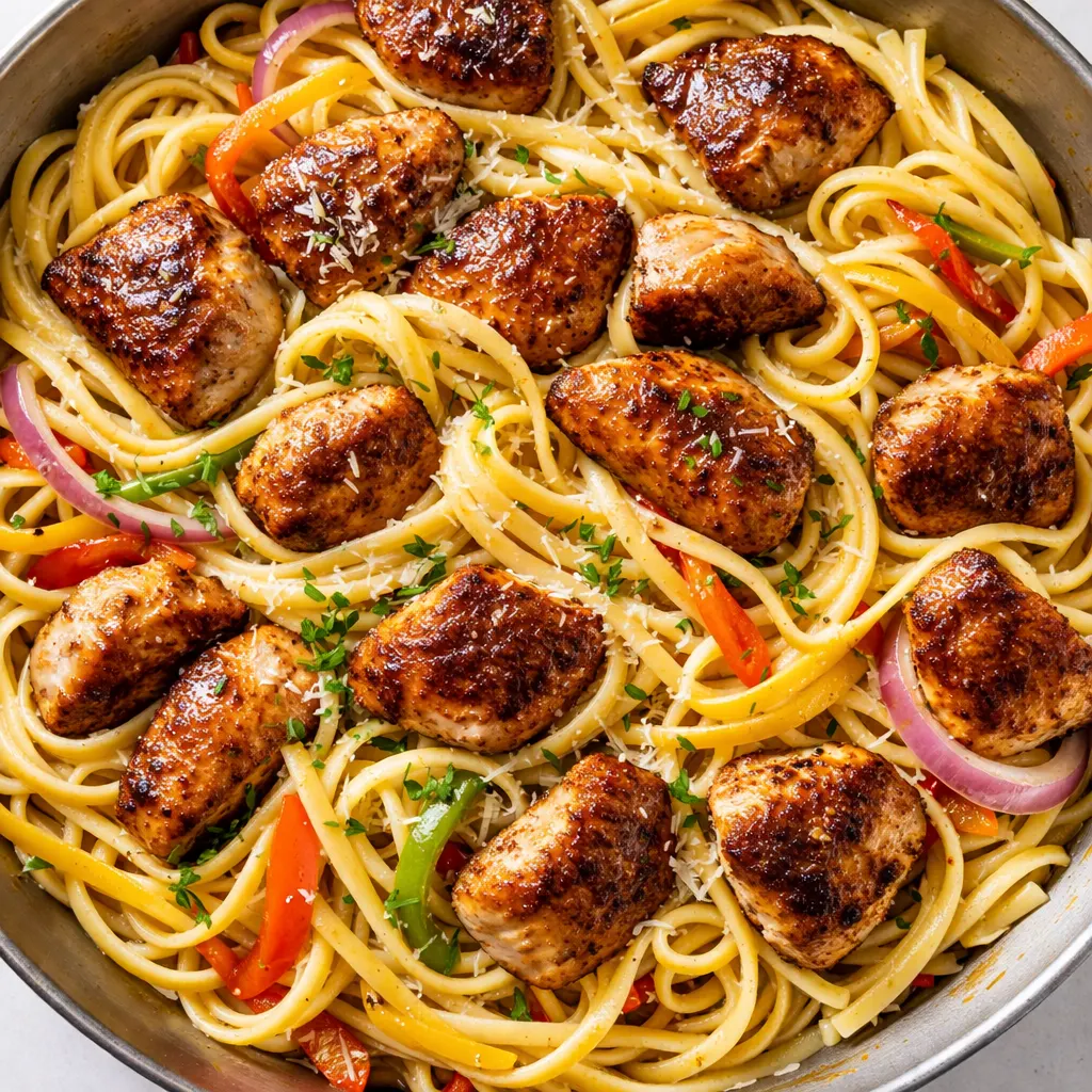 Juicy chicken breasts simmered in a creamy garlic butter sauce with bell peppers and pasta, copying Olive Garden's chicken scampi.