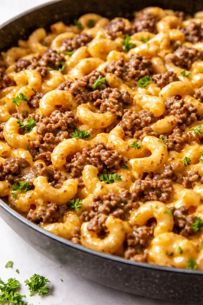 Creamy one-pan cheeseburger macaroni with melted cheddar, seasoned ground beef, and tender elbow pasta in a rich, savory sauce.