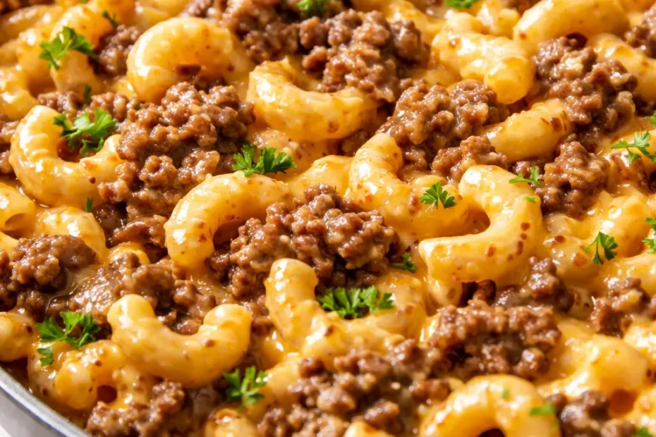 Creamy one-pan cheeseburger macaroni with melted cheddar, seasoned ground beef, and tender elbow pasta in a rich, savory sauce.