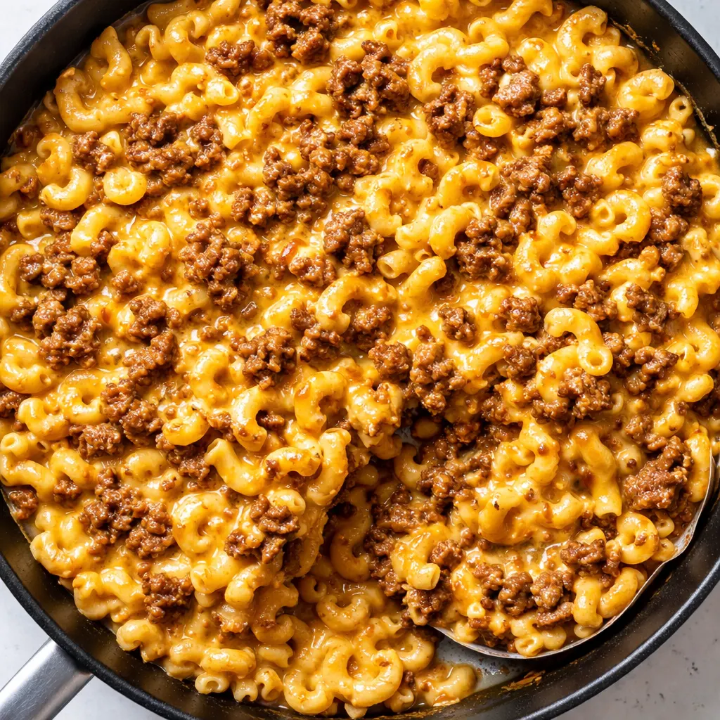 Creamy one-pan cheeseburger macaroni with melted cheddar, ground beef, and elbow pasta in a rich sauce.