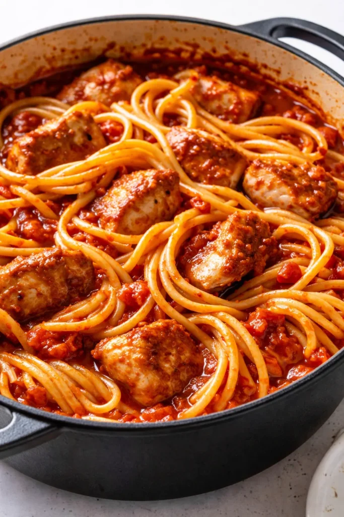 One pot chicken tomato pasta with tender chicken pieces in a rich, velvety tomato sauce, topped with fresh basil and Parmesan cheese.