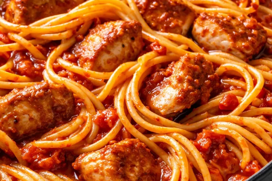 One pot chicken tomato pasta with tender chicken pieces in a rich, velvety tomato sauce, topped with fresh basil and Parmesan cheese.
