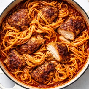 One pot chicken tomato pasta simmering with tender chicken and al dente pasta in a rich red sauce.