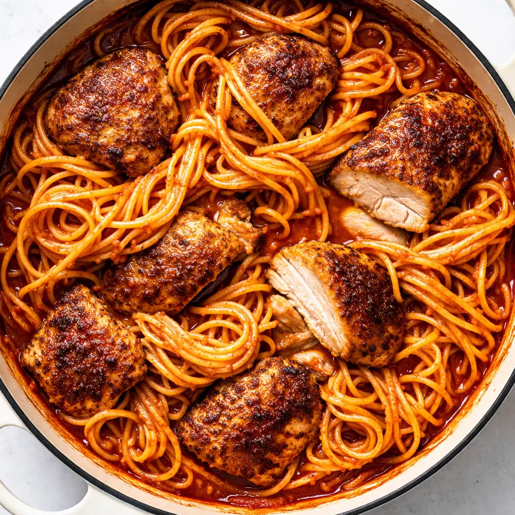 One pot chicken tomato pasta simmering with tender chicken and al dente pasta in a rich red sauce.