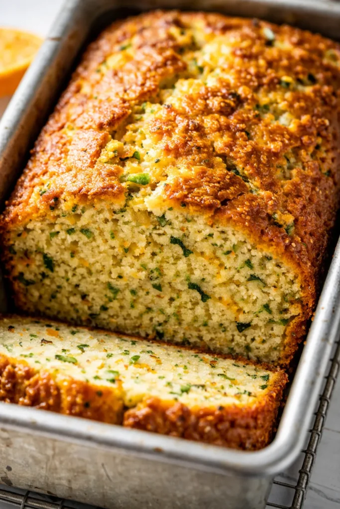 Moist orange zucchini bread loaf sliced on a cooling rack, showing orange zest and green zucchini flecks.