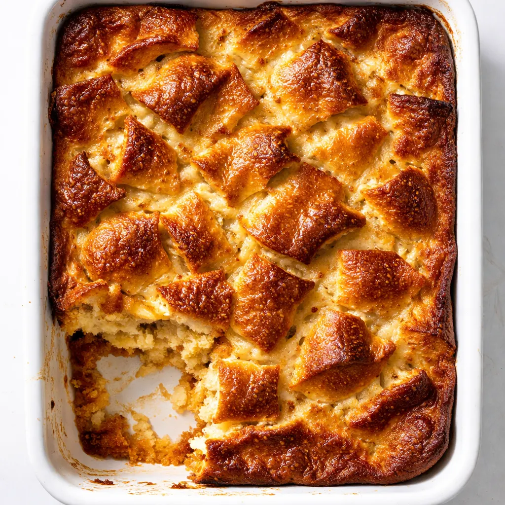 Golden brown overnight French toast casserole with maple syrup, crispy edges, and soft custard center, topped with powdered sugar.
