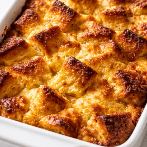 Golden brown overnight French toast casserole topped with powdered sugar and fresh berries, soft custard interior visible