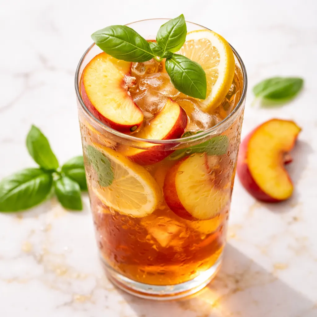 Fresh peach slices and basil leaves steeping in a glass pitcher, creating a fruity herbal iced tea.