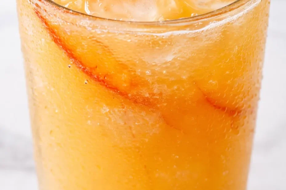 Golden peach lemonade with ice and fresh peach slices, a refreshing summer drink perfect for hot days.