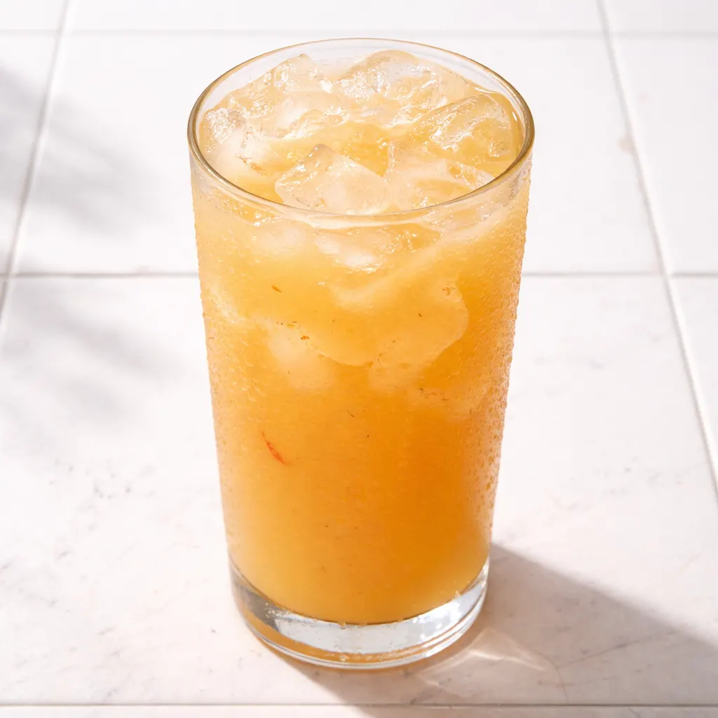 Straining fresh peach puree into a pitcher of lemonade, creating a vibrant orange hue with pulpy texture.