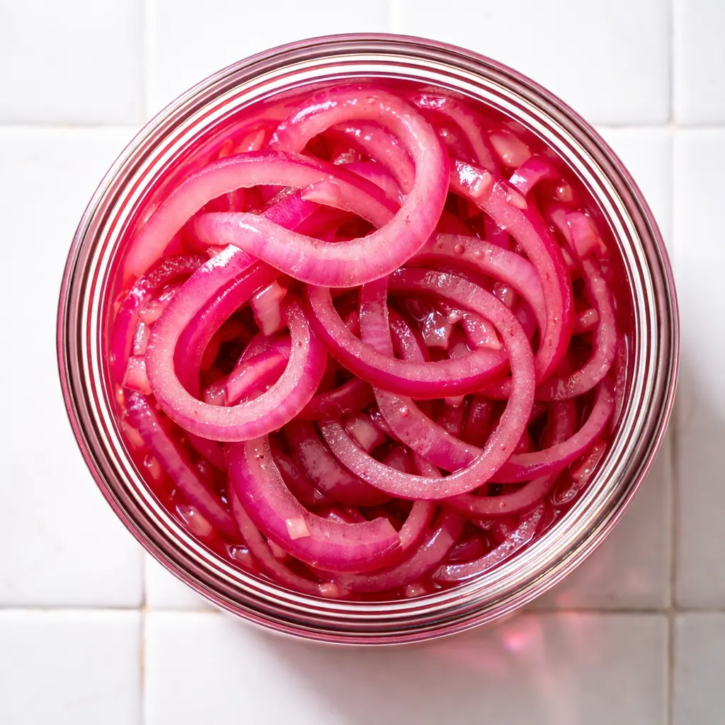 Thinly sliced red onions with vibrant purple color and crisp texture, ready for pickling.