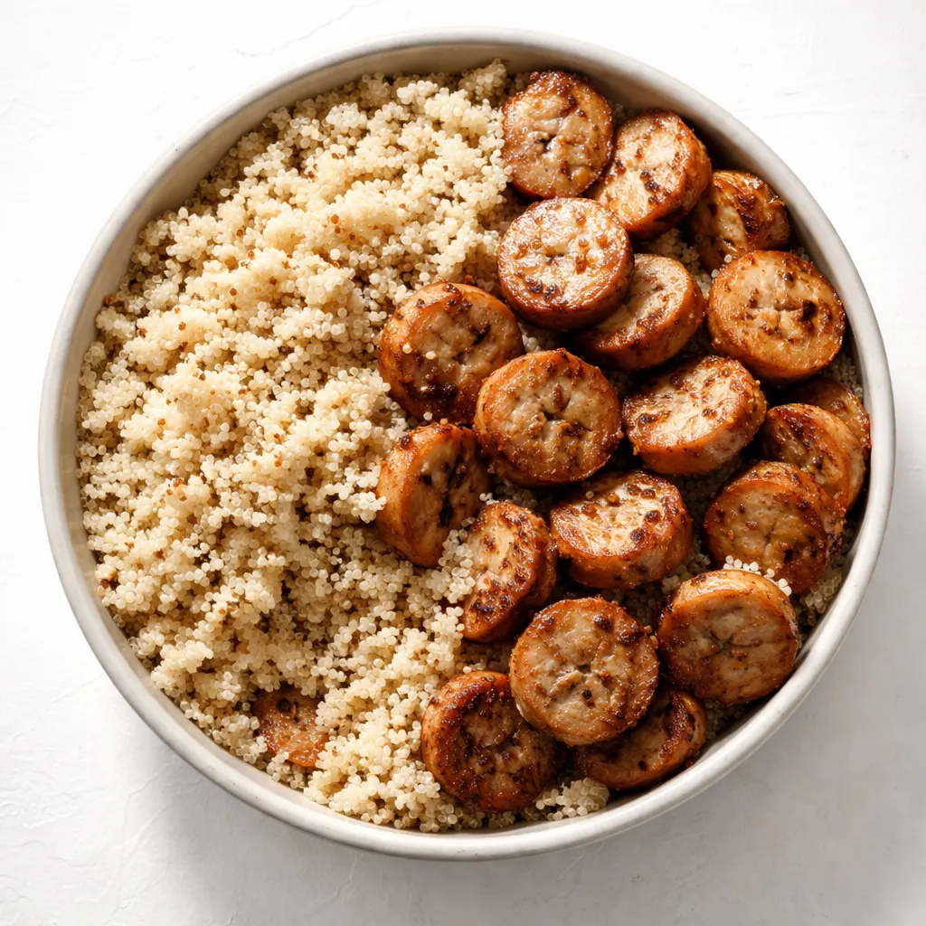 Quinoa chicken sausage bowls with colorful vegetables and fresh herbs, ready in 30 minutes.
