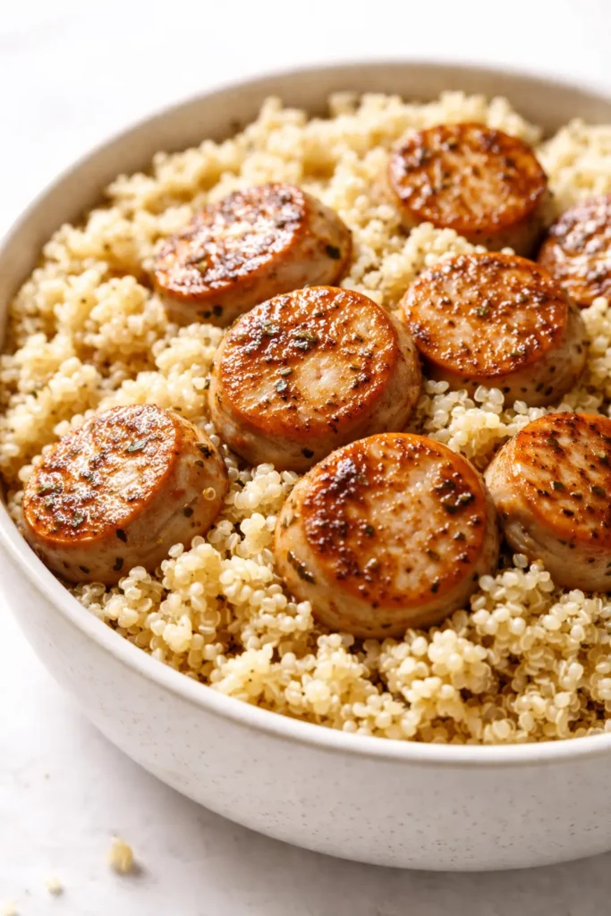 Quinoa chicken sausage bowl with tender quinoa, sliced savory sausage, roasted vegetables, and fresh herbs in a rustic bowl