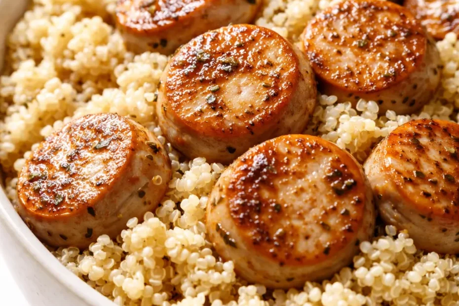 Quinoa chicken sausage bowl with tender quinoa, sliced savory sausage, roasted vegetables, and fresh herbs in a rustic bowl