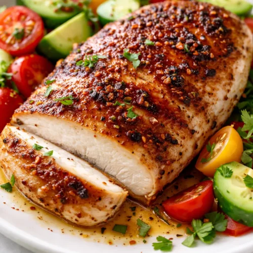 Golden brown Ranch Chicken Meal Prep pieces with creamy ranch coating, garnished with parsley and cherry tomatoes in a glass container.